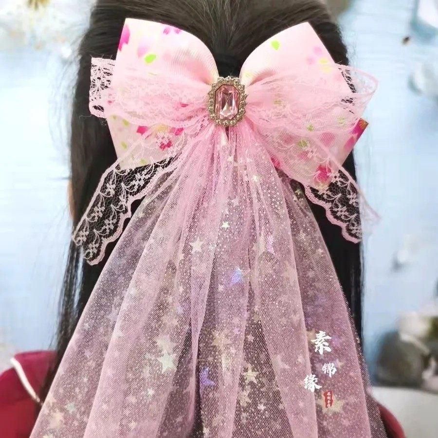 素锦缘春季新款女童公主头纱蝴蝶结飘带头饰超仙披纱马尾编发发夹