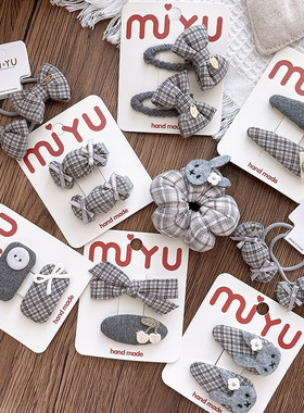 早秋文艺复古布艺格子灰色系刘海bb夹心百搭甜美压夹发夹发圈