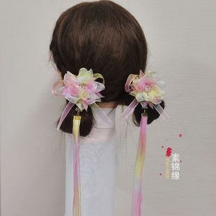 汉服发饰对夹流苏中国古风超仙飘带女孩头饰少女发夹绢花款 发饰