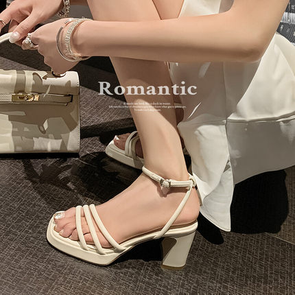 【8.5cm】绝美法式仙女风粉色高跟鞋女夏季防水台粗跟凉鞋一字带