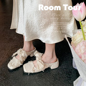 国风蝴蝶结包头穆勒鞋 女 牛皮布面方头中跟凉拖鞋 女粗跟拖鞋 夏新品