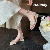 女鞋 高跟一字带牛皮凉鞋 新韩版 方头气质时髦 女 2024夏季