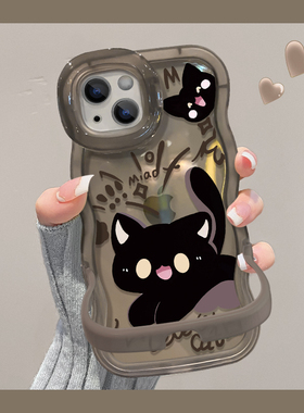适用苹果13手机壳新女款iPhone15promax卡通黑色猫咪14plus隐形双支架11/12可爱软硅胶xs/xr防摔保护套波浪边