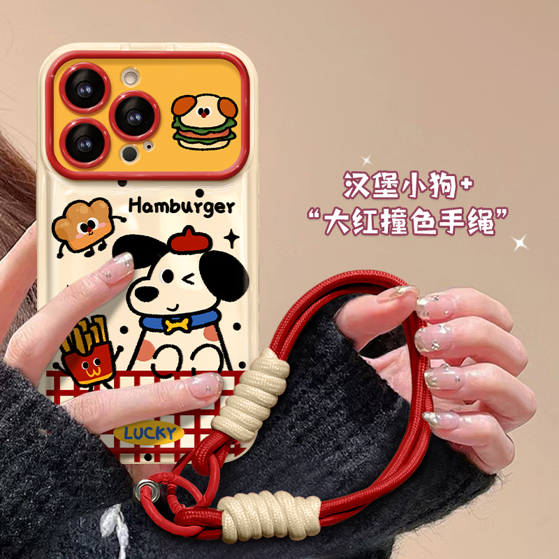 适用苹果16promax手机壳新女款iPhone15/14保护套13/12mini汉堡小狗挂绳11大视窗8/7plus软硅胶xs/xr翻盖镜子