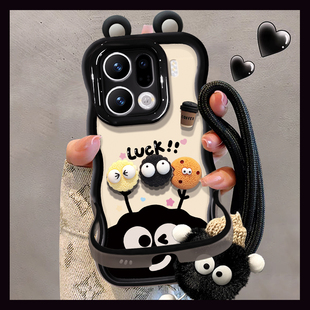 适用OPPOfindx9Pro手机壳新女款luck煤球秋冬毛绒挂绳x8ultra隐形双支架波浪边全包防摔软硅胶超火黑色保护套