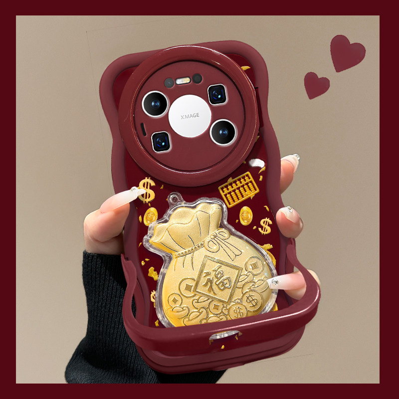适用华为Mate80Promax手机壳新女款mate70pro+金钱币福袋贴件60/50酒红色新年40隐形双支架软硅胶波浪边小众