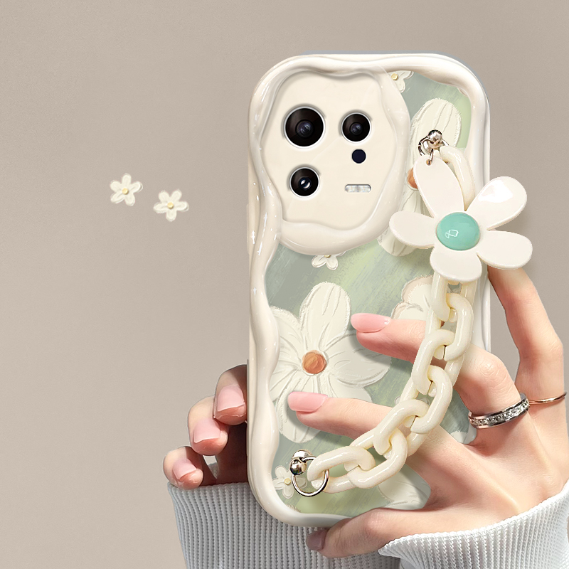 新品上市，奶油纹绿底油画白花手机壳