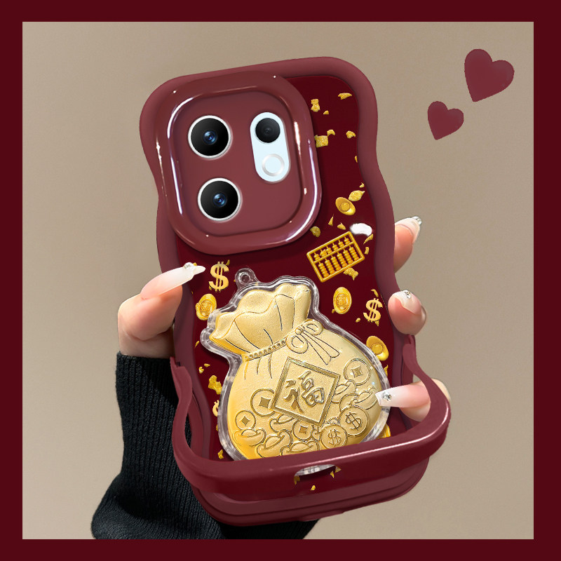 适用vivoS50手机壳s30promini新年女款s20金钱币福袋贴件s19/18酒红色s17t隐形双支架s16/15软硅胶s12波浪边