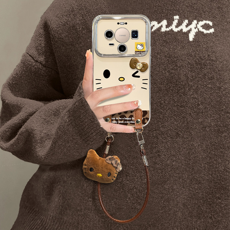 适用华为豹纹Kt猫挂绳手机壳