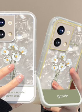 适用opporeno9手机壳新女款reno6/5k隐形支架reno8pro+/10透明r17/15小清新白花束findx3/x5防摔a72保护套5g