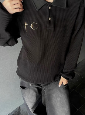 thugclub 新款华夫格长袖休闲黑色上衣polo领 男女同款百搭宽松潮
