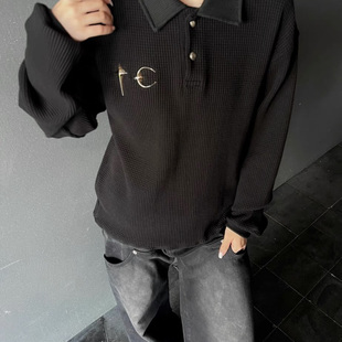 thugclub 新款华夫格长袖休闲黑色上衣polo领 男女同款百搭宽松潮