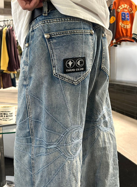 ThugClub24FW朴宰范同款中腰宽松牛仔裤男刺绣水洗垂感休闲阔腿裤