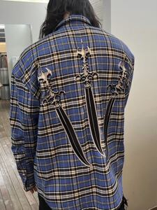 ThugClub圣剑刺绣法兰绒蓝色格子衬衫廓形纽扣磨白做旧宽松外套潮