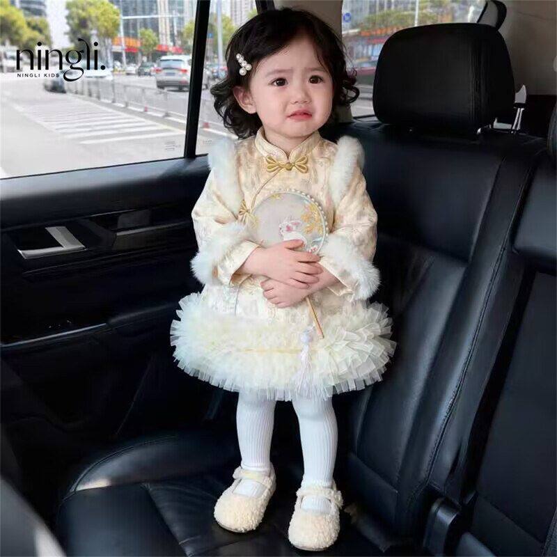 现货女童冬季唐装中国风旗袍裙加厚拜年服女宝周岁礼服汉服连衣裙