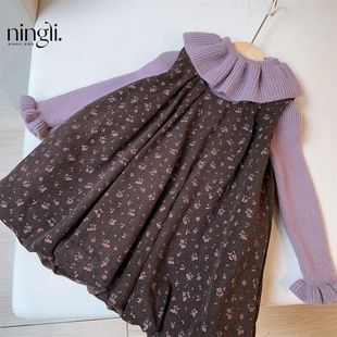 韩系女孩灯芯绒碎花裙洋气小童背心裙两件套 柠里女宝连衣裙秋冬季