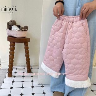 柠里可爱韩系女童衍缝棉裤宝宝直筒裤羊羔毛拼接小童冬裤秋冬潮流