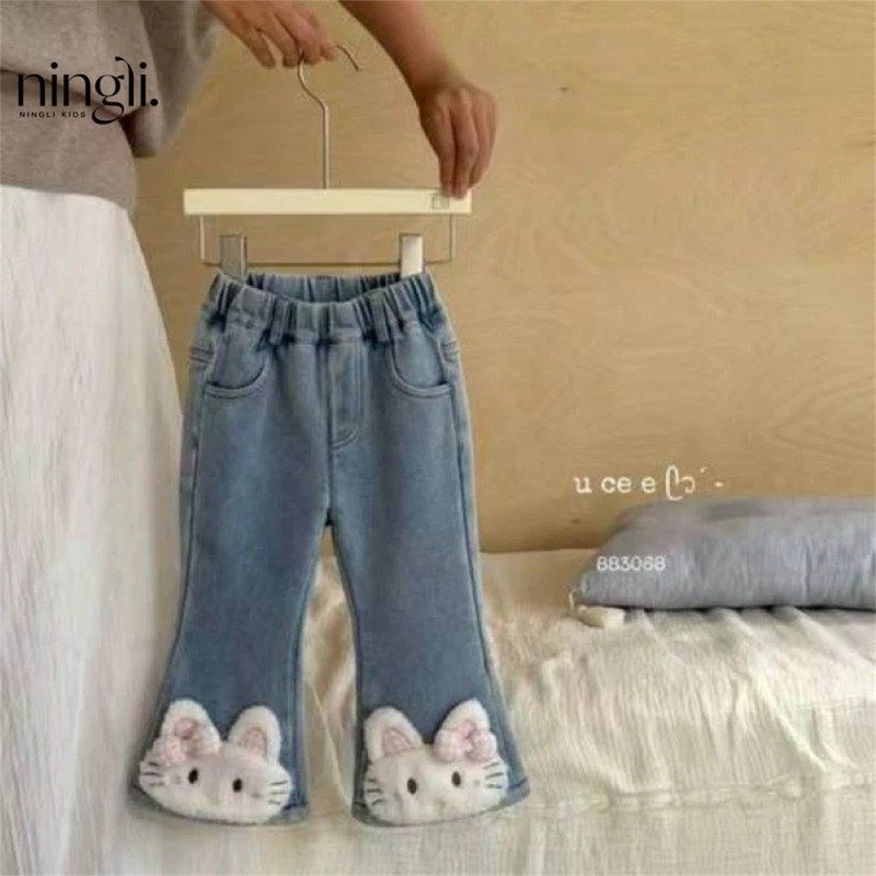柠里女童裤子冬款新款儿童牛仔喇叭裤童装冬装宝宝加绒休闲裤跨境
