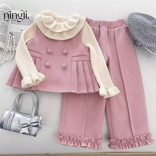 柠里女童小香风套装秋冬新款洋气百褶花边加绒加厚上衣裤子两件套