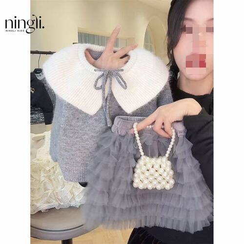 【柠里】miu系古早千金女童秋冬小香风灰色毛衣加绒蛋糕裙两件套