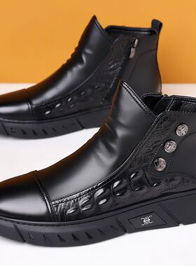 马丁靴男鞋2024冬新款高帮休闲鳄鱼纹男潮流加绒保暖侧拉链工装靴