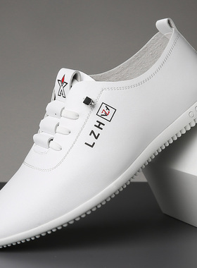 2024春夏新款男士日常休闲皮鞋男软皮软底套脚单鞋青年小白鞋百搭