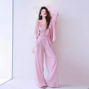 背心阔腿裤 法式 薄款 小西装 三件套女 小香风粉色夏日多巴胺穿搭套装