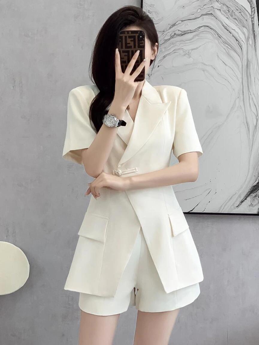 夏天白色新中式职业西装套装女薄款短袖2025新款西服高腰短裤时尚