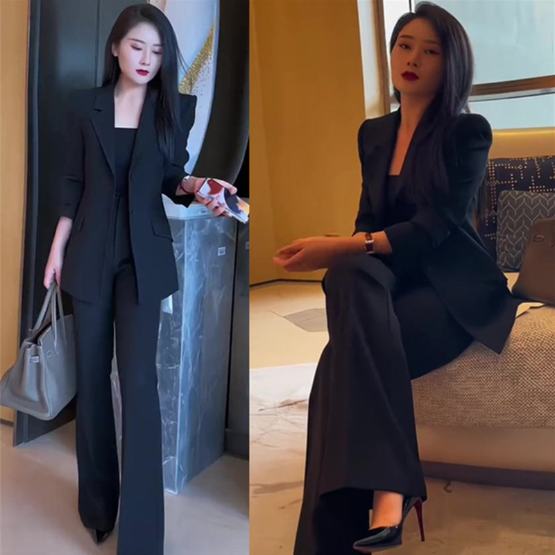 高端职业装气质女神范女士黑色西装套装微喇叭裤轻奢高级感女人味