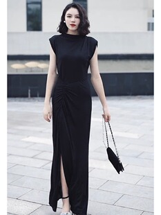 正式场合高级感气质黑色开叉长裙名媛惊艳妖娆收腰黑色连衣裙夏季