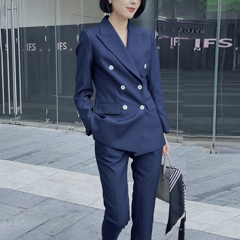 蓝色双排扣职业套装女夏天薄款小西装两件套装高级感网红一套西服