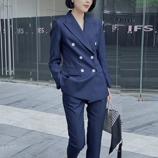 蓝色双排扣职业套装女夏天薄款小西装两件套装高级感网红一套西服