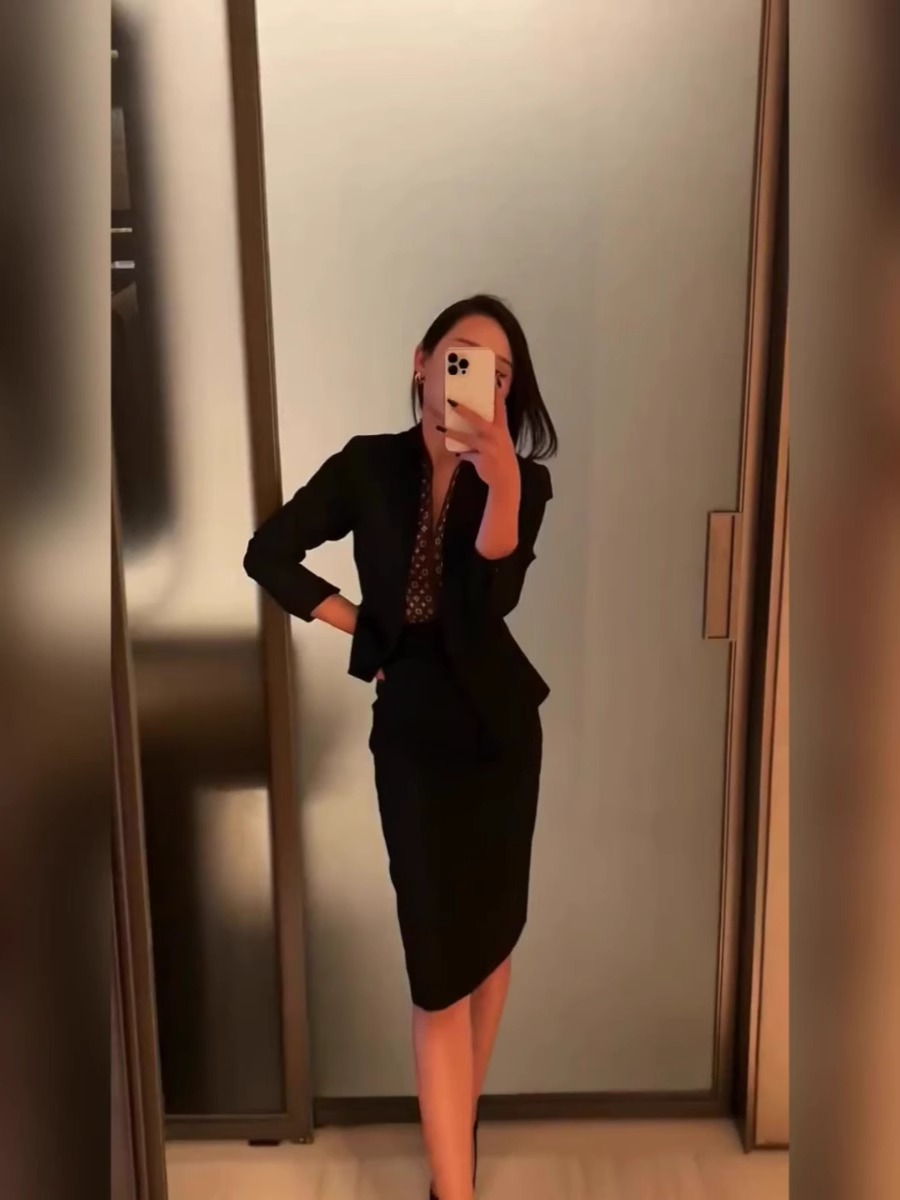 黑色正装西装半身裙两件套夏季职业装气质女神范ol西服套裙两件套