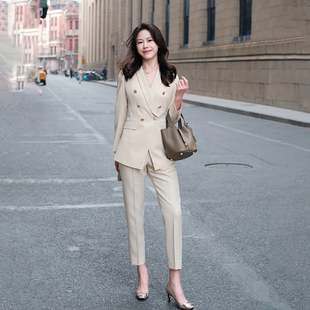 杏色青果领公考面试正装女士西装套装高级感小个子修身西服九分裤