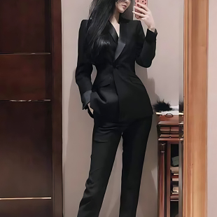 西服九分裤 高级感小个子商务修身 两件套秋 套装 黑色青果领女士西装
