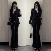 气质名媛秋款 女高端定制设计感韩版 西服 高级套装 黑色蕾丝拼接西装