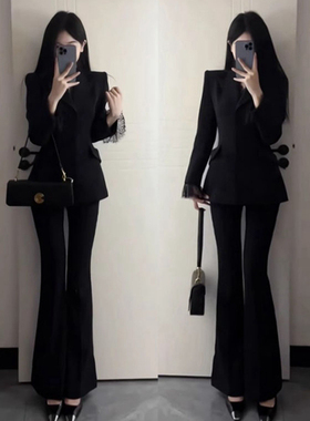 黑色蕾丝拼接西装高级套装女高端定制设计感韩版气质名媛秋款西服