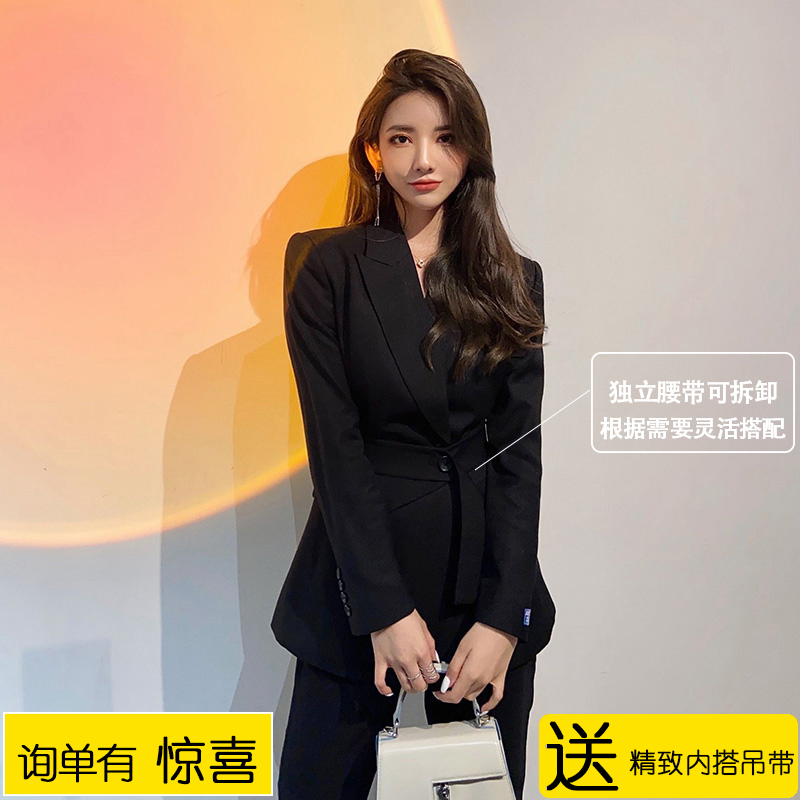 春秋新款高级感职业正装西装套装女黑色修身气质西服微喇裤两件套