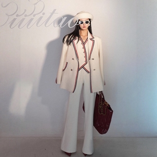 女高端定制设计感小众小西服阔腿裤 马甲三件套装 复古西装 撞色时尚