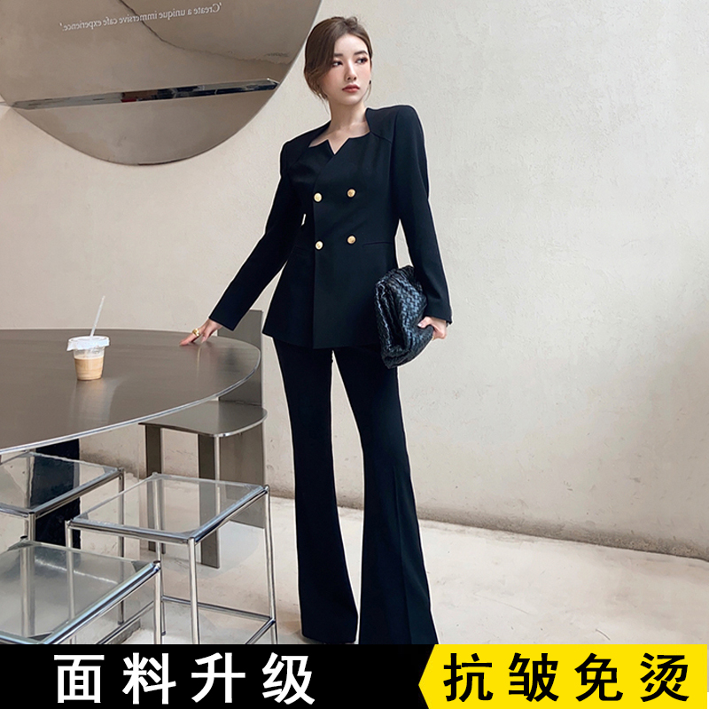 黑色女士西装两件套装高级感职业装气质女神范西服喇叭裤高端秋装