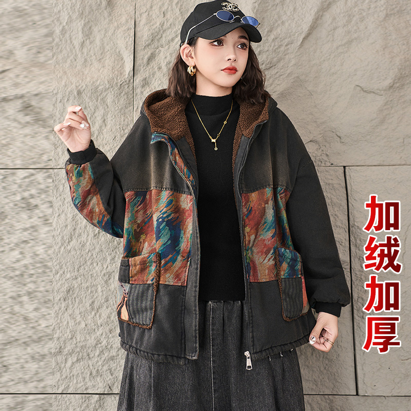 新款冬装加绒加厚连帽牛仔棉衣外套女士拼色宽松减龄休闲保暖棉服