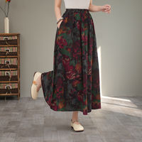New cotton and linen floral print half skirt, spring and summer retro style, elastic waist, versatile and elegant mid-length umbrella skirt for women's wear thumbnail 2