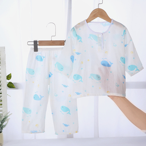 儿童睡衣纯棉纱布套装春夏男孩女童薄款长袖空调服家居服双层纱布