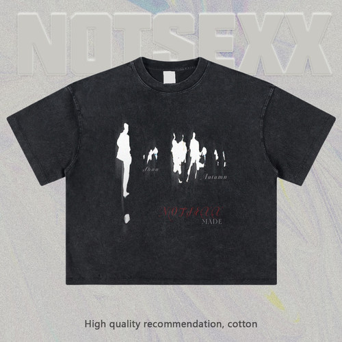 Notsexx「人群拥挤我能感觉你」白墨直喷260g重磅美式boxy短宽t恤