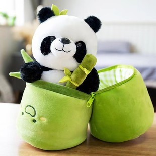竹筒熊猫毛绒玩具可爱抱枕抱竹子玩偶仿真熊猫娃娃生日礼物