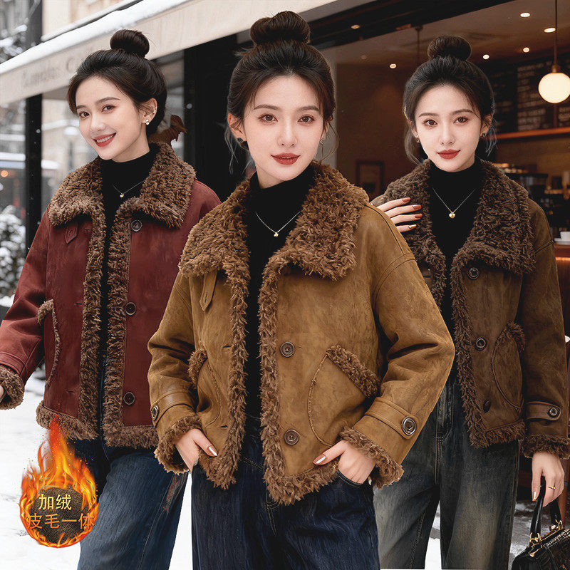 时尚皮毛一体羊羔毛外套女冬装新款洋气妈妈装翻领鹿皮绒棉服短款 - 风采依然女装出品