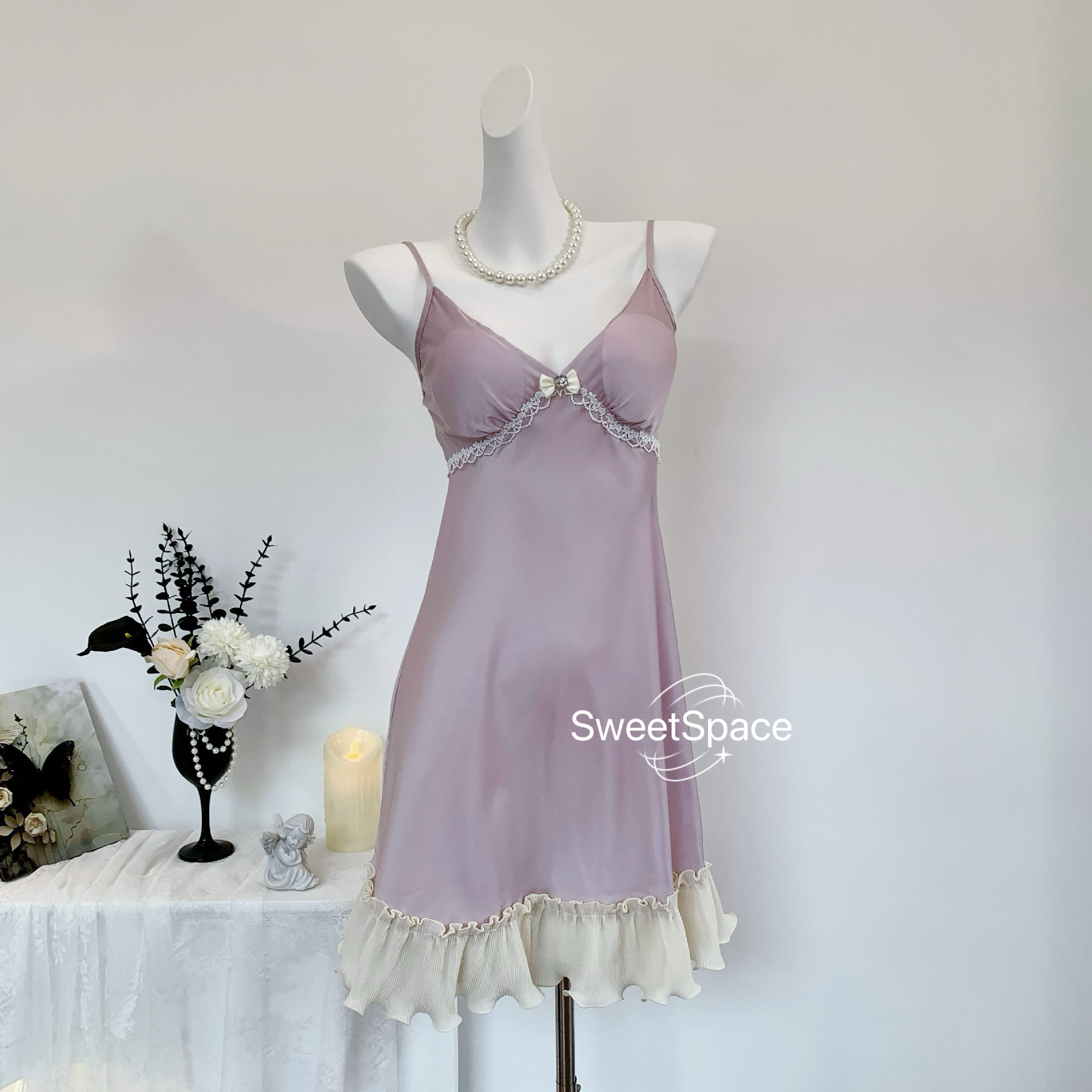 SweetSpace 流光 法式冰丝吊带睡裙带胸垫女神气质款家居服吊带裙