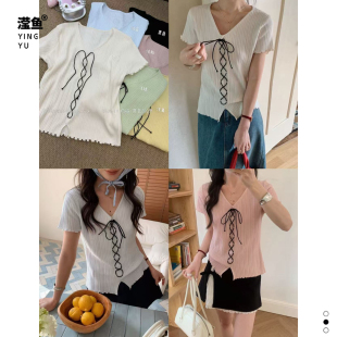 法式 1大码 V领系带蝴蝶结短袖 针织衫 显瘦上衣 佐纳 女夏修身 5670