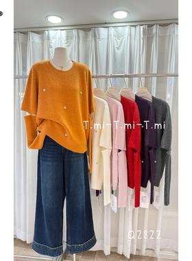 TMI Q2822大码多巴胺风圆领钉珠针织衫重工显瘦气质减龄毛衣上衣