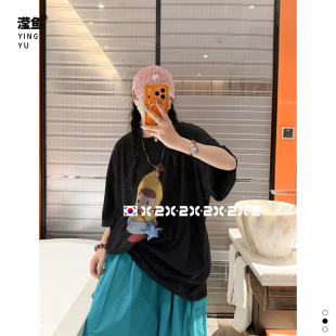 X2 88616大码韩版卡通印花T恤女夏季宽松中长款圆领短袖时尚百搭